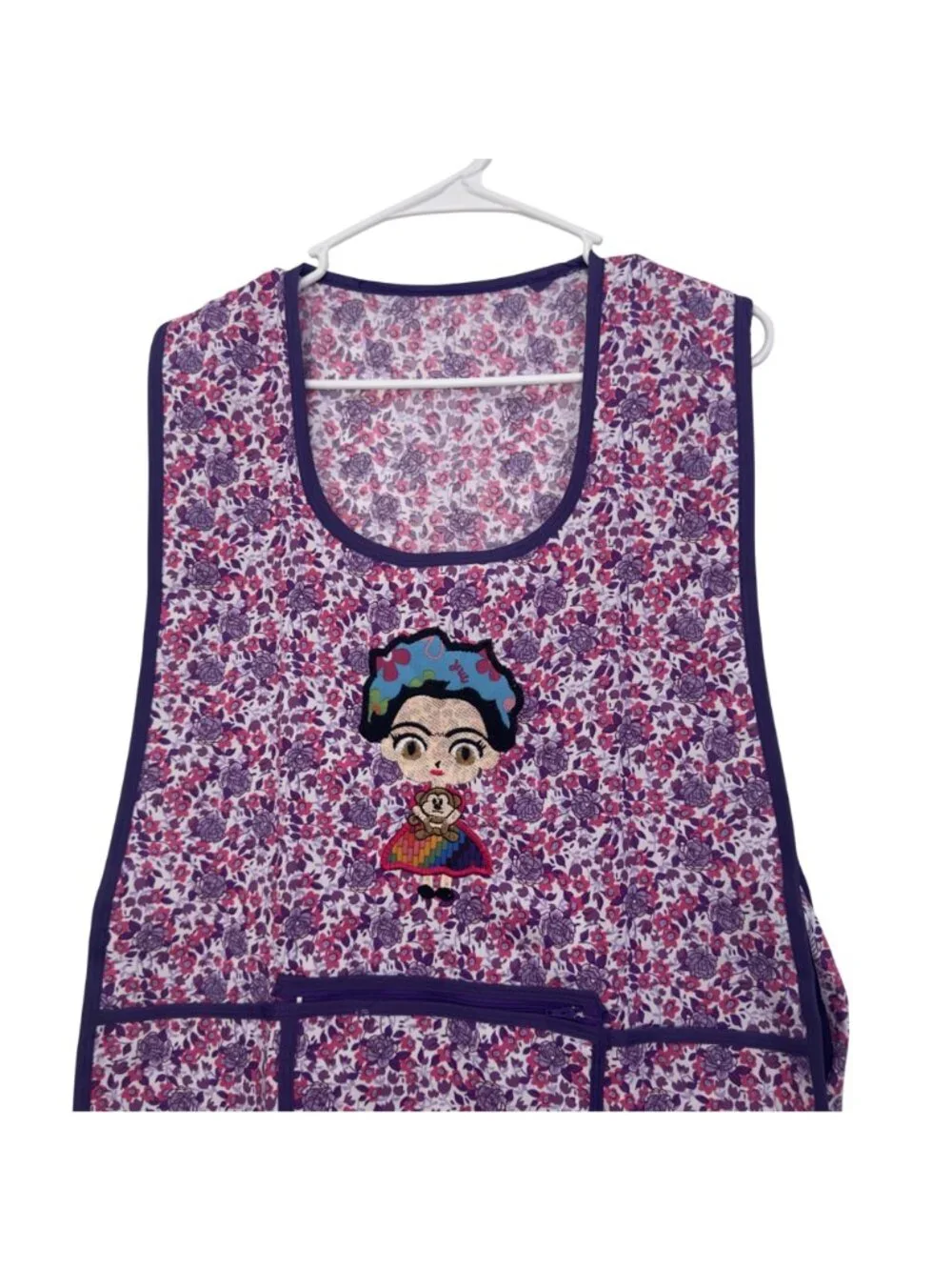 Floral Kitchen Apron With Frida Embroidery & Pockets Purple & Pink Adjustable Ti